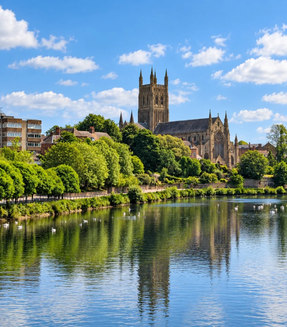Exeter Cathedral above the river on a summer day