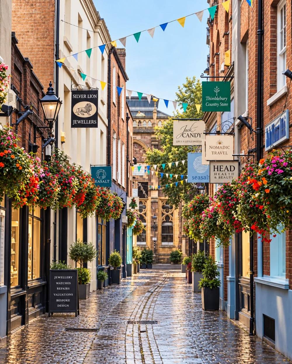 Independent shops on a cobbled Exeter lane