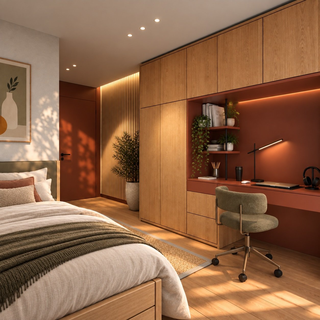 Student bedroom at Halo Village with oak wardrobes, terracotta study nook and desk