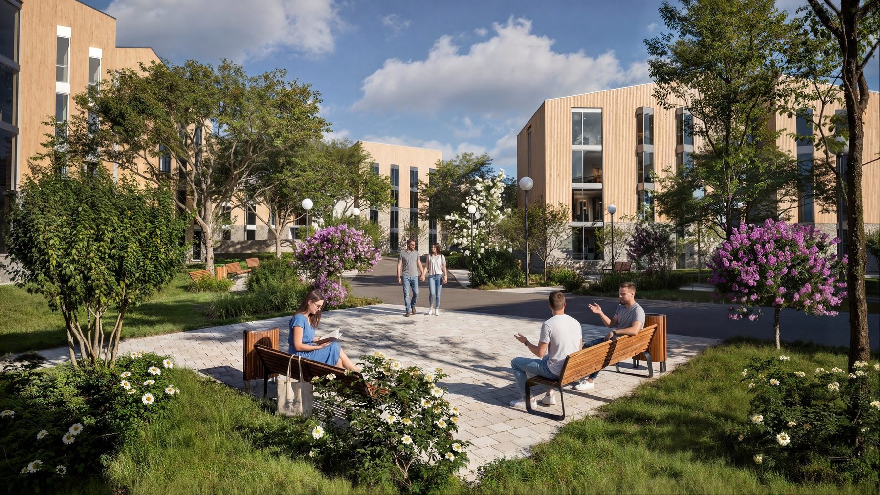 Landscaped courtyard at Halo Village with timber-clad accommodation blocks and students on benches