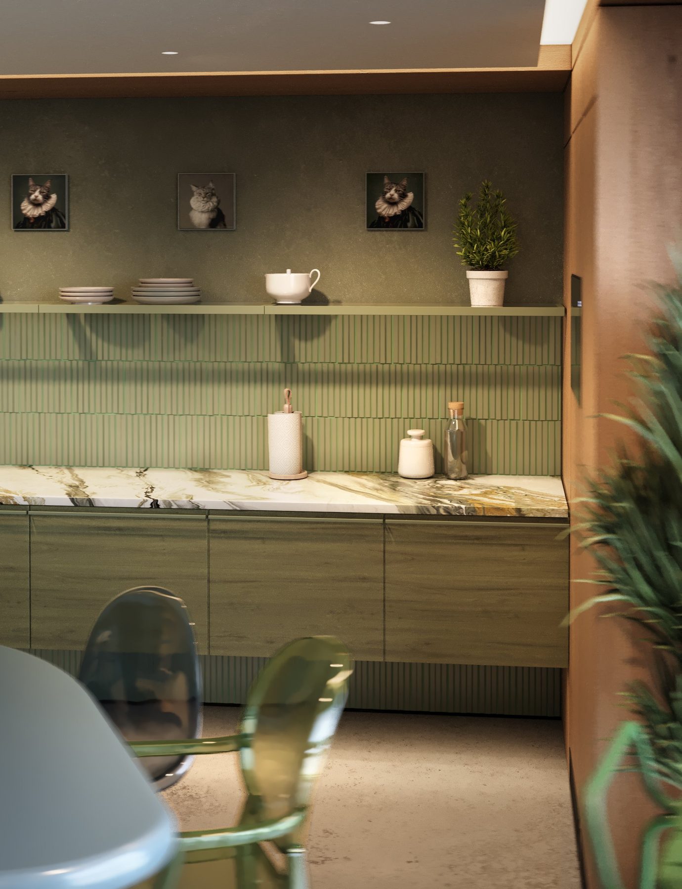 Shared kitchen at Halo Village with green fluted tiles and marble worktop