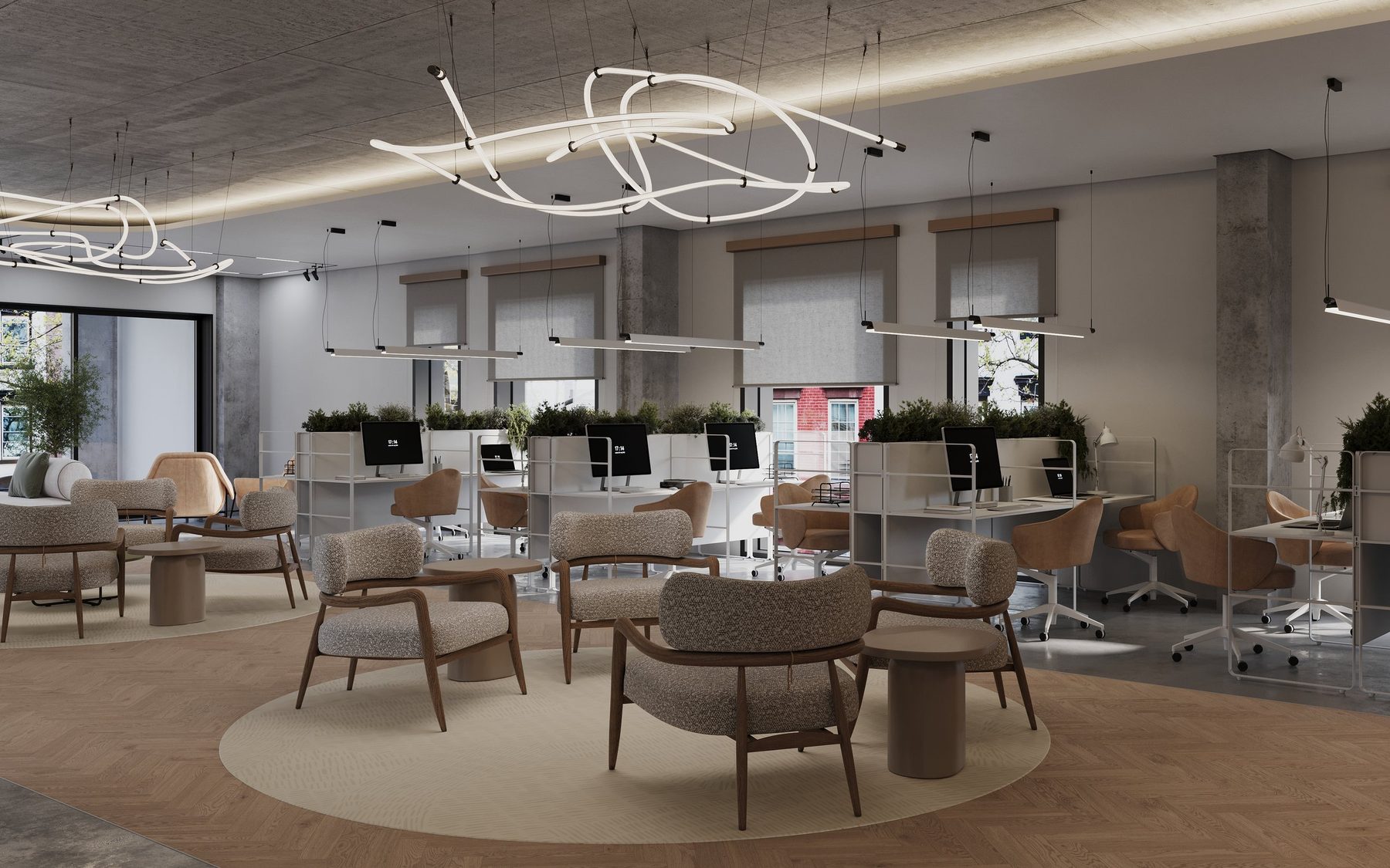 Library lounge at Halo Village with bookshelves, curved sofas and a coffee bar