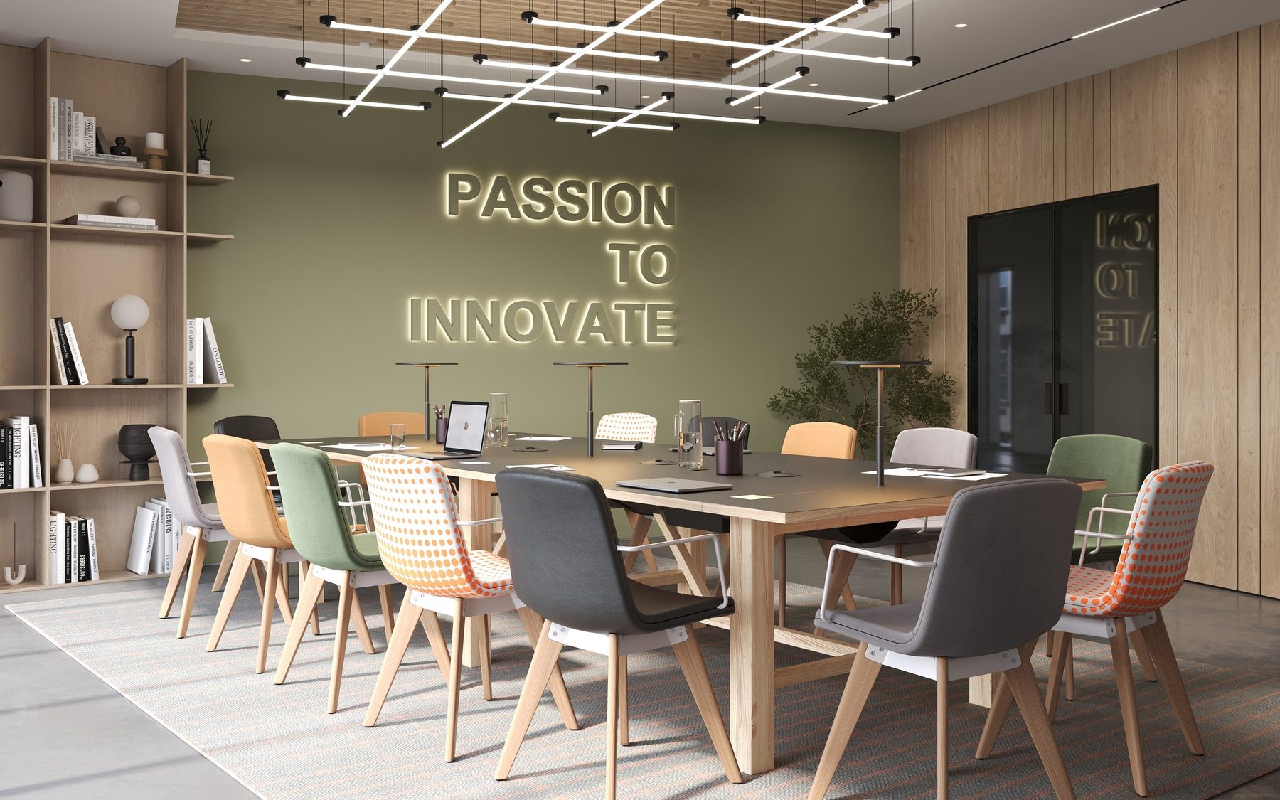 Communal study cafe at Halo Village with a terrazzo bar, central tree, lounge seating and games area