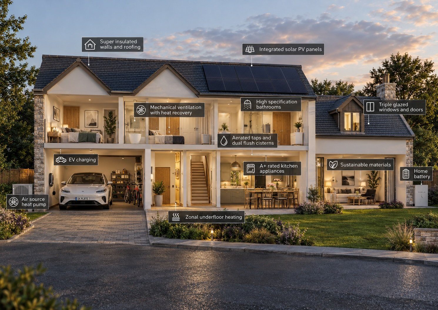 Cutaway view of a Lacuna Gardens home showing solar panels, home battery, air source heat pump, triple glazing, mechanical ventilation with heat recovery, zonal underfloor heating and EV charging