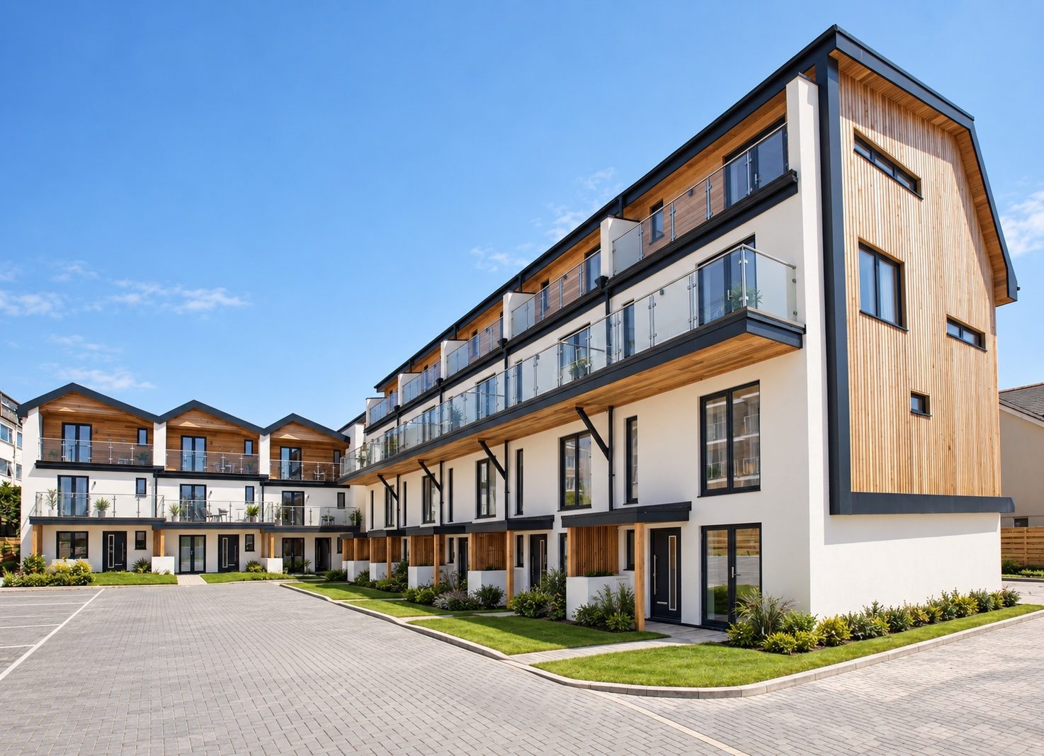 Hilgrove Mews, Newquay — timber-clad townhouses with glass balconies