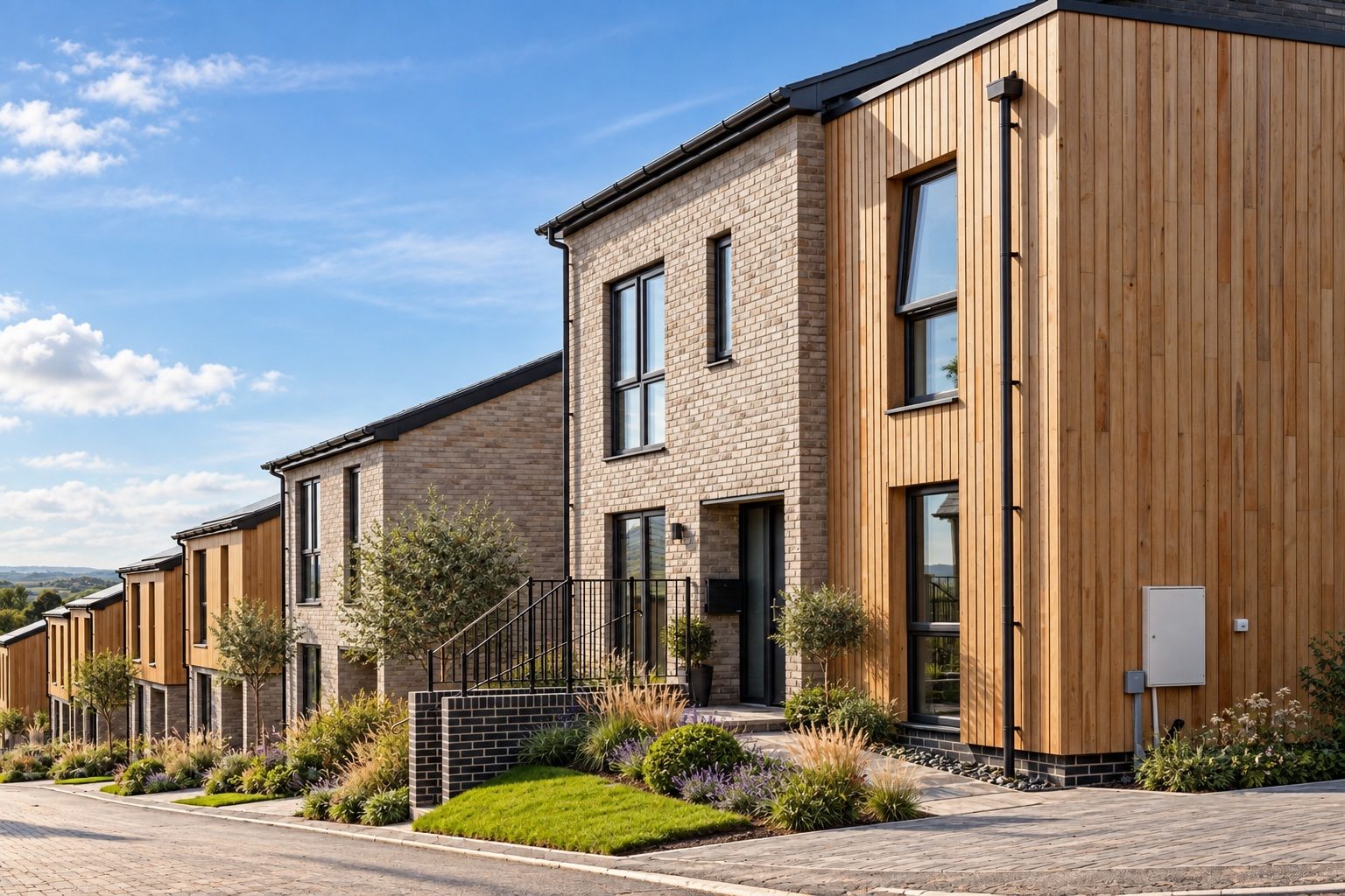 Nexa Fields — brick and timber-clad homes along the street