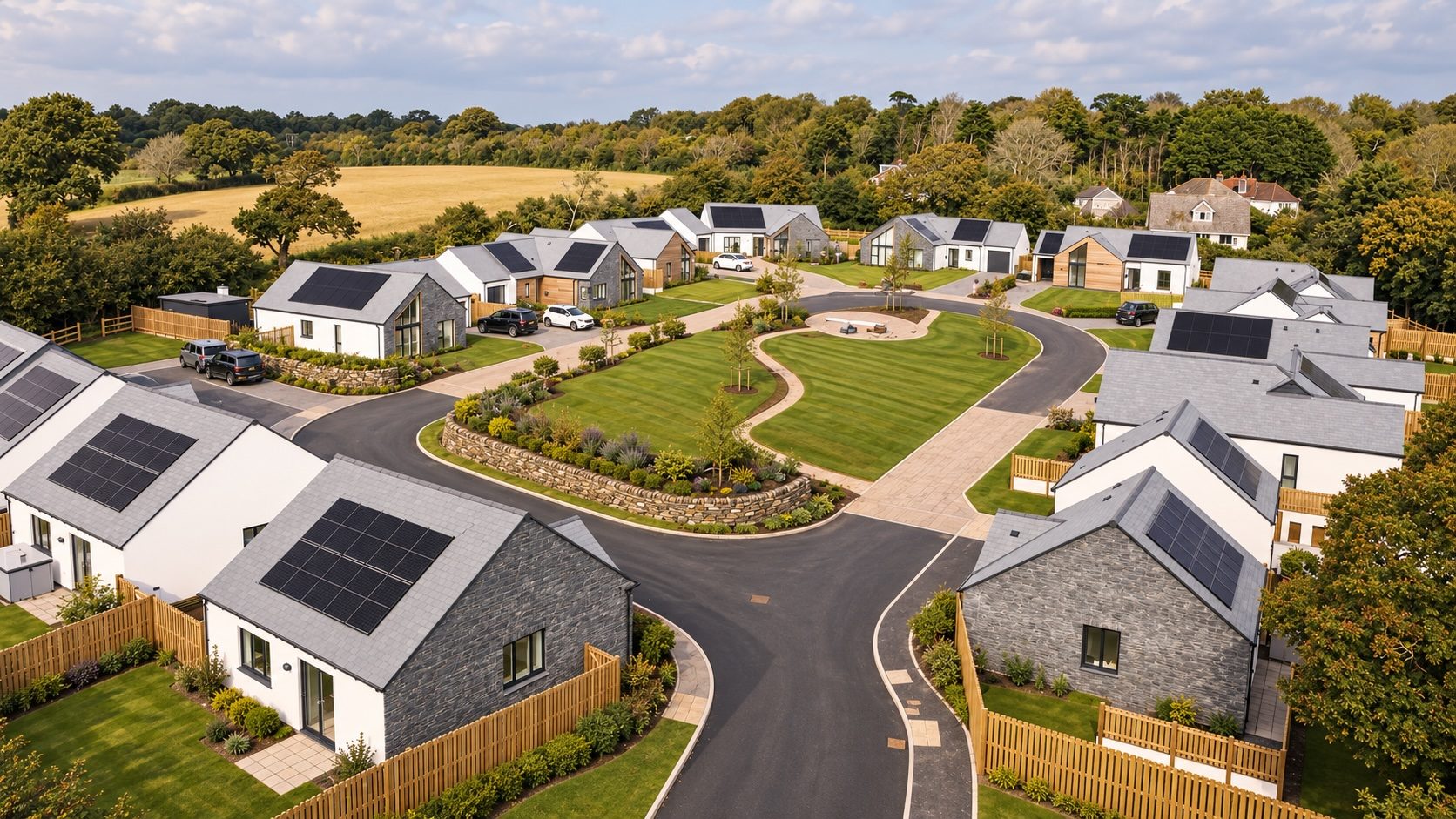 Silva Gardens, Mylor Bridge — bungalows around the central green