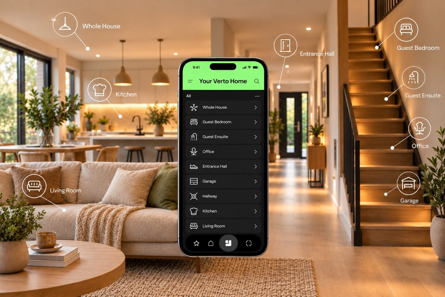 The Loxone app controlling every room of a Verto home, from the kitchen to the guest ensuite