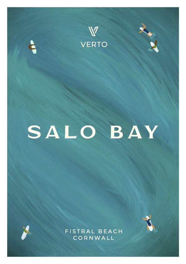 The Salo Bay brochure cover — painted ocean with surfers, Fistral Beach, Cornwall