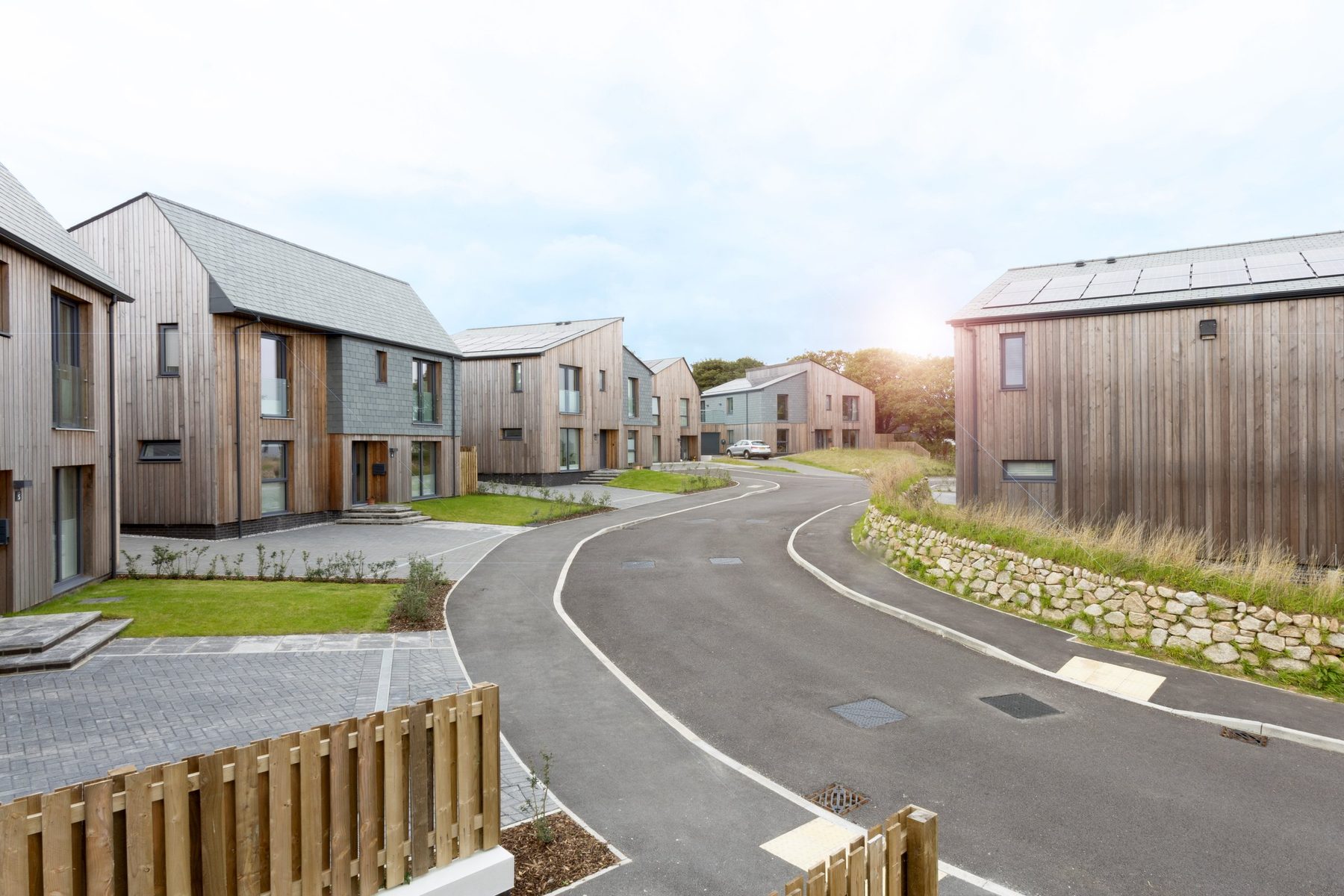 Timber-clad homes along the street at Tessello Rise, Carbis Bay